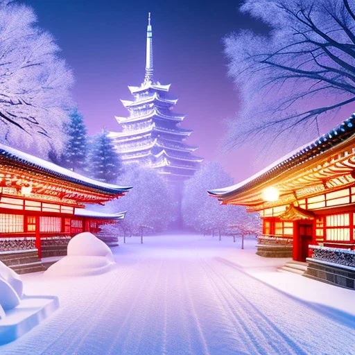 snowy Japan city landscape in winter, building light on, beautiful, colorful, art by anime stedio, high details, high quality 8k