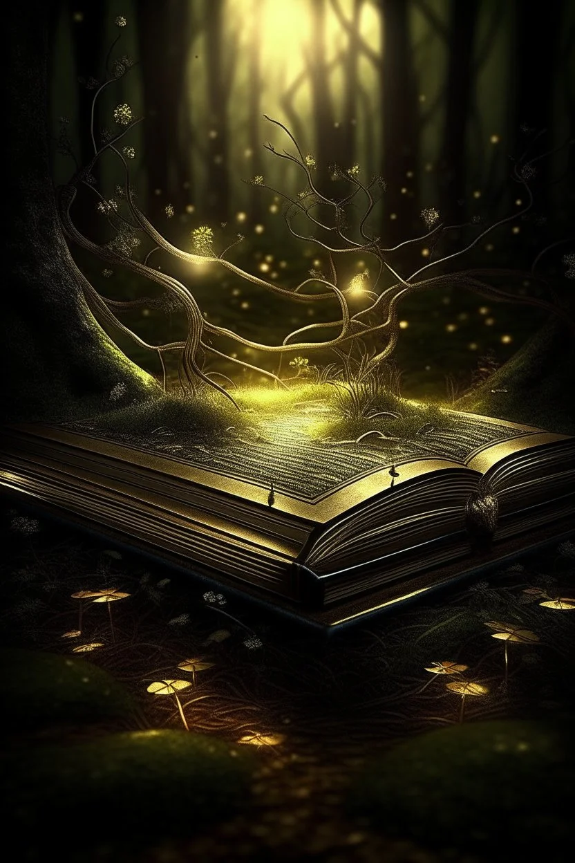 a gloomy mystical forest a magical book lies open, light comes out of it in the form of small golden dots shining golden highlights and grass sprouts branches everywhere a lot of swamp lights haze, Gothic, fantasy, detail, professional photo, detailed drawing, transparency, horror, hyperdetalization, full view, a very beautiful book. beautiful Gothic font