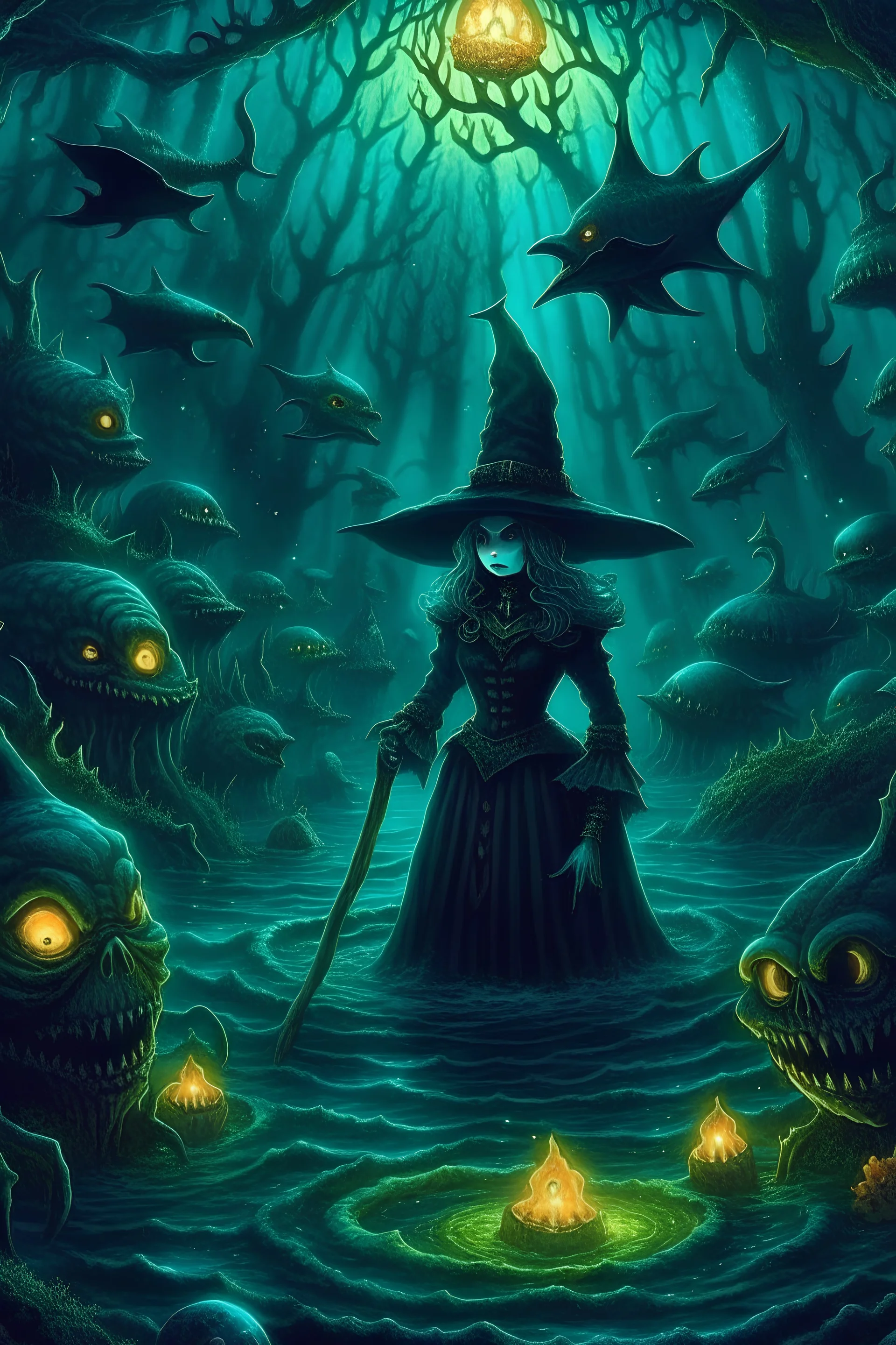 : Take a unique approach by featuring underwater Halloween scenes with witches in costumes, sea monsters, and a haunted sunken ship in a dark ocean.