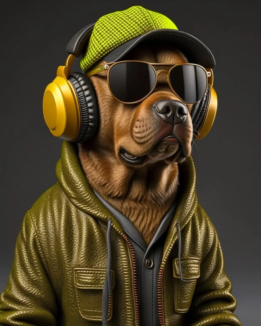 Perro Pastor Alemán with jacket, cap, dark glasses and headphones, ultra quality, hyper realistic, 3k 8D