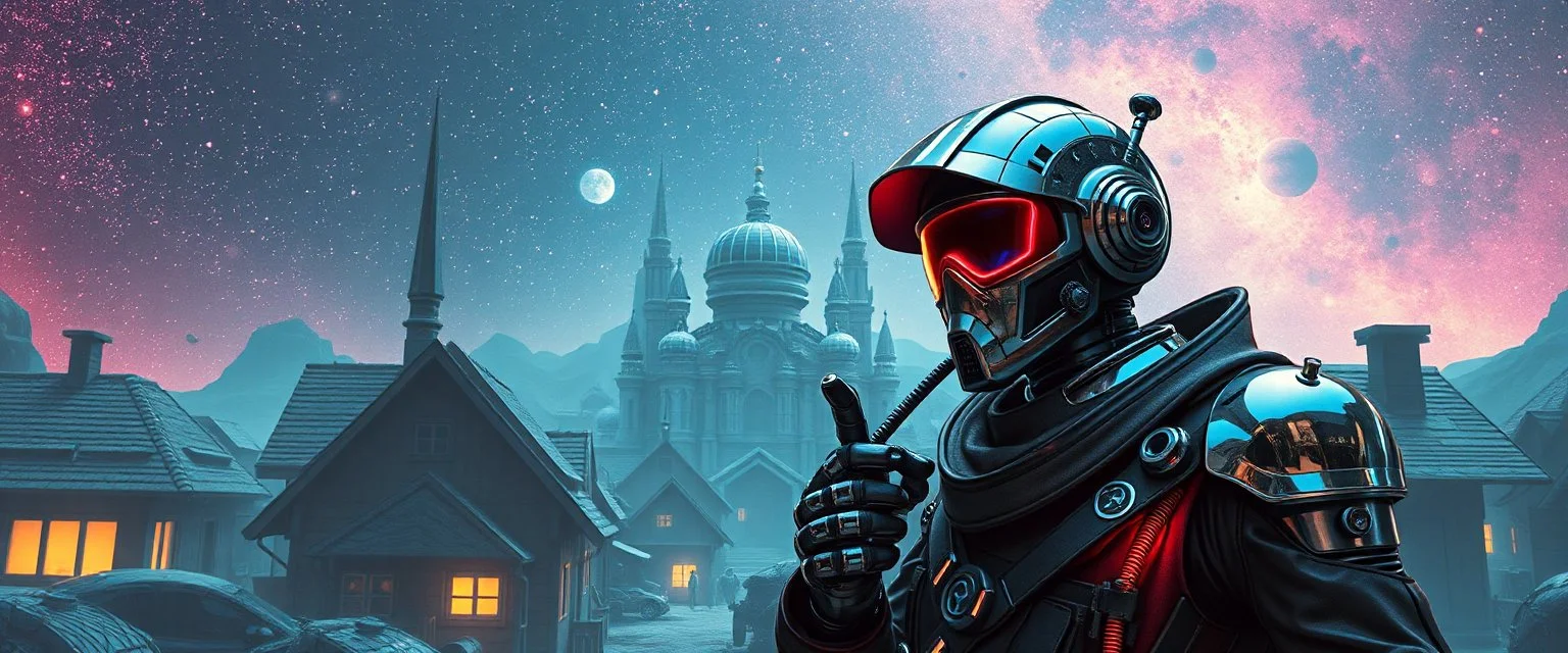 portrait of inter-galatic handsome spy, the first nation, robotic witchcraft, cyberpunk village, sci-fi, strange chrome vessels