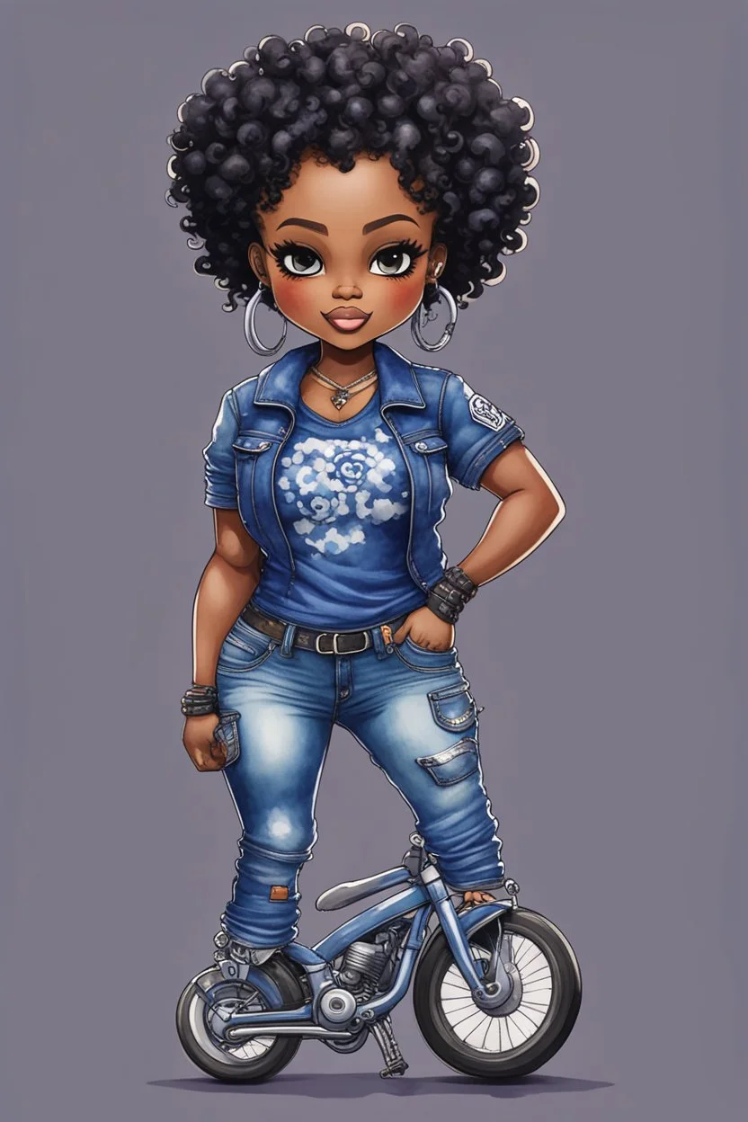 create an watercolor illustration of a chibi cartoon voluptuous black female wearing a blue jean outfit with a tie dye tshirt with biker boots. Prominent make up with hazel eyes. Extremely highly detail of a tight curly black bantu knots. Background of a bike show