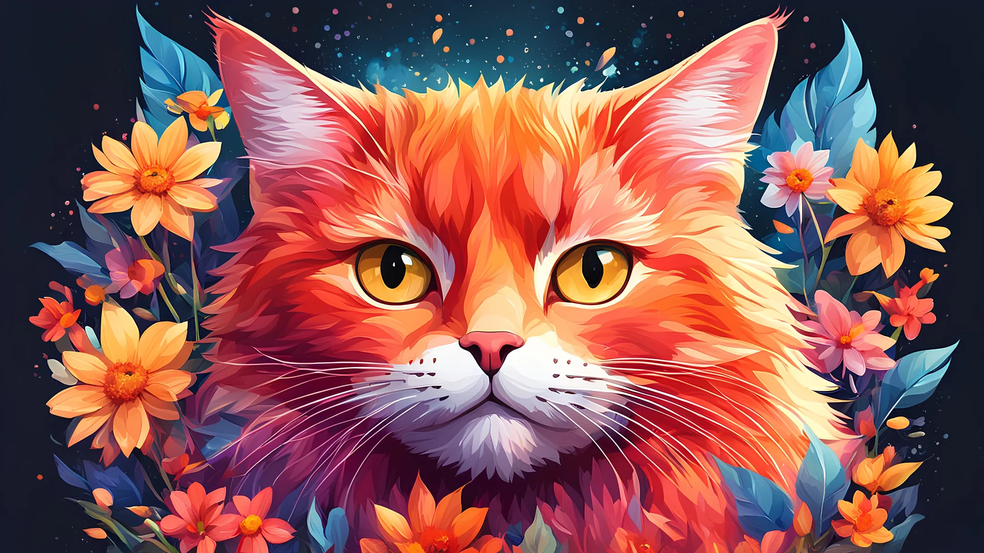 A detailed illustration face (red cat), fire, t-shirt design, flowers splash, t-shirt design, in the style of Studio Ghibli, pastel tetradic colors, 3D vector art, cute and quirky, fantasy art, watercolor effect, bokeh, Adobe Illustrator, hand-drawn, digital painting, low-poly, soft lighting, bird's-eye view, isometric style, retro aesthetic, focused on the character, 4K resolution, photorealistic rendering, using Cinema 4D