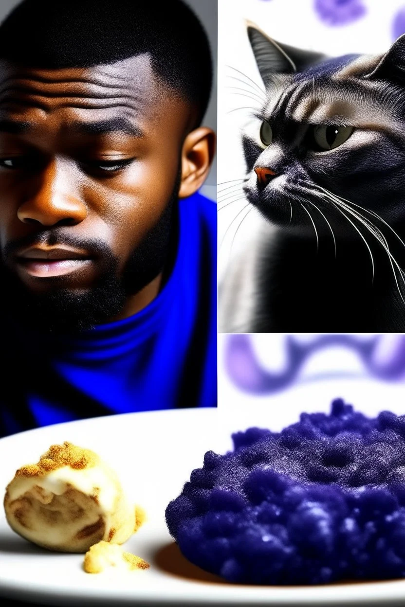 blueberry galaxy cat food and a man eating it and crying and Lebron eating it