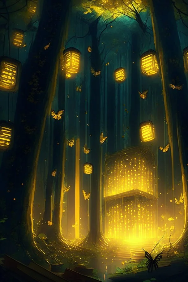 a huge library in forest with fireflies and yellow magic lights around trees that have wide leaves and broad trunked