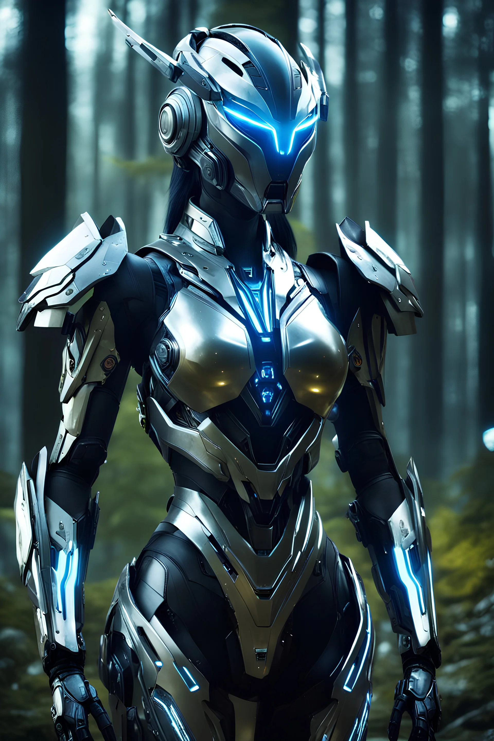 Facing Front view night Photography Ultra Realistic High Details,Natural Beauty,Beautiful Angel Pretty woman cyborg mecha cybernetic futuristic warframe armor metallic chrome,Helmet futuristic,in Magical Forest,full of lights colors,glowing in the dark, Photography Art Photoshoot Art Cinematic,Soft Blur Colors, sci-fi concept art
