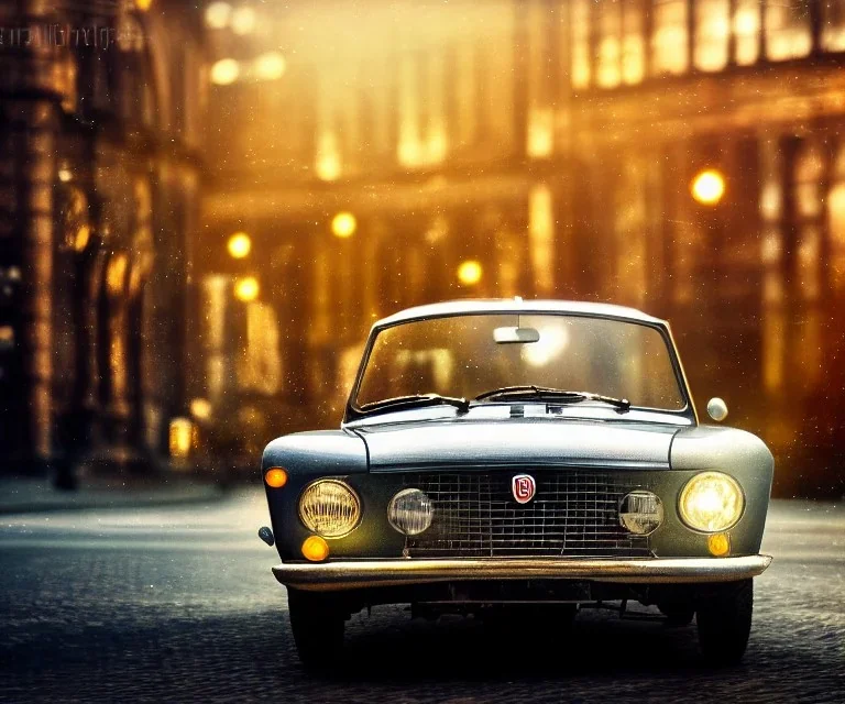 fiat 125p, city. high speed. bokeh. lens flare. warm lights. high detailed. oil on canvas