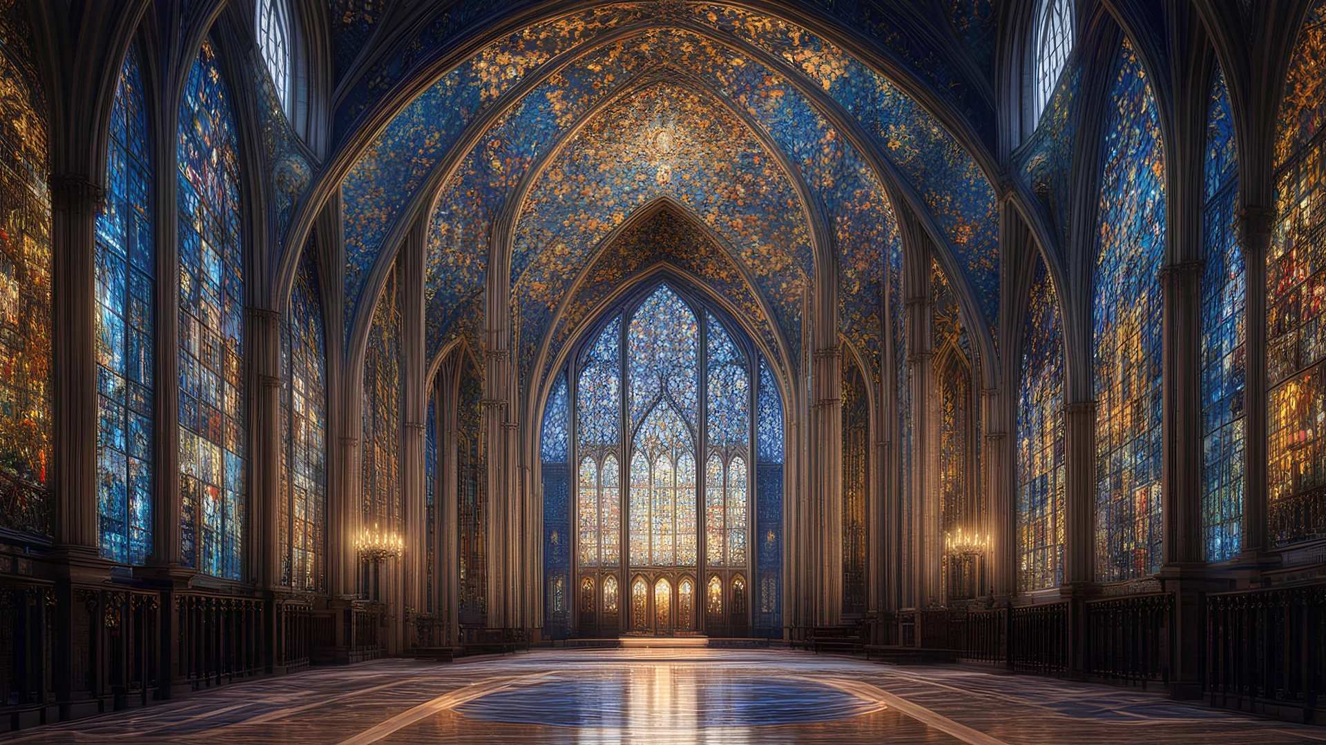 futuristic fantastic symmetrical cathedral internal view, year 2080, night, beautiful, colorful, totally symmetrical design, style William Morris, English arts-and-crafts movement, innovative architecture, award-winning photograph, awesome, serene, inspiring, spiritual, impressive, Cinematic lighting, Epic composition, Photorealism, Very high detail, Unreal Engine, Octane render, HDR