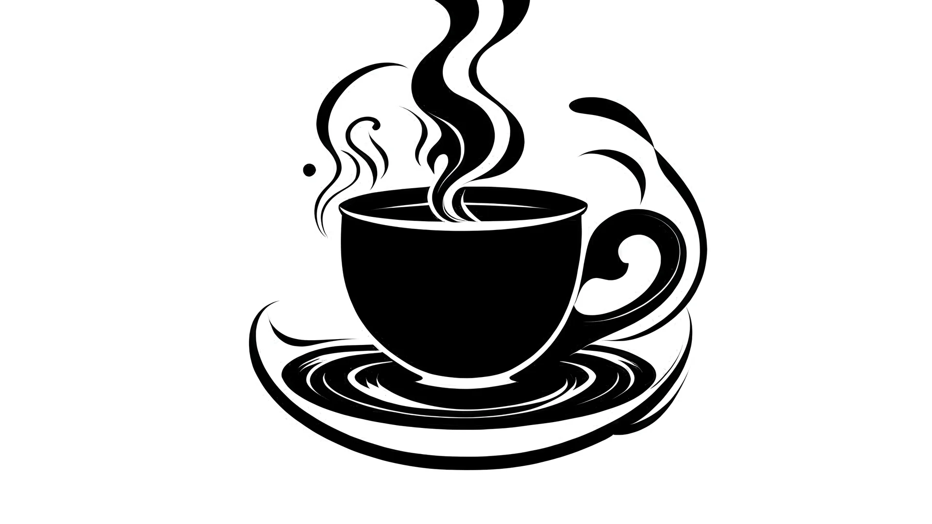 A logo of black and white stylized illustration of a steaming coffee cup