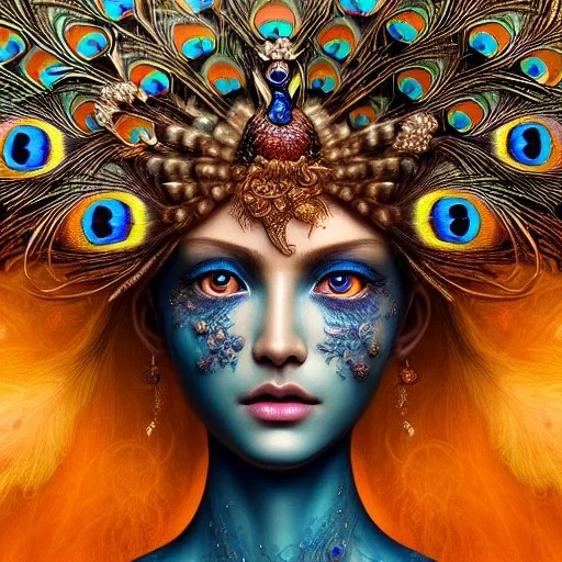 Insanely detailed photograph of an elaborate beautiful peacock goddess intricate glowing skin eyes intricate face hair lashes fur dress hyperdetailed painting by Anna Dittmann Huang Guangjian and Dan Witz CGSociety ZBrush Central fantasy art album cover art 4K 64 megapixels 8K resolution HDR Greek shiny space colours jewelry celestial hair eyes light"