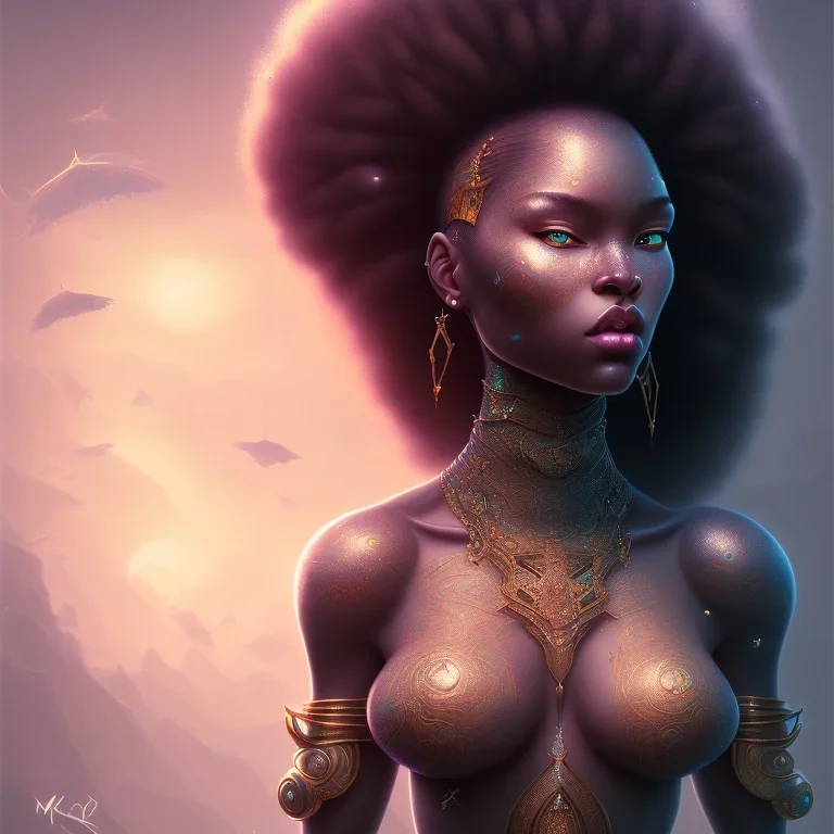 sango fantasy, fantasy magic, intricate, sharp focus, illustration, highly detailed, digital painting, concept art, matte, masterpiece head sexy lady body black African beauty space lady black leopard skin one head African afro sky