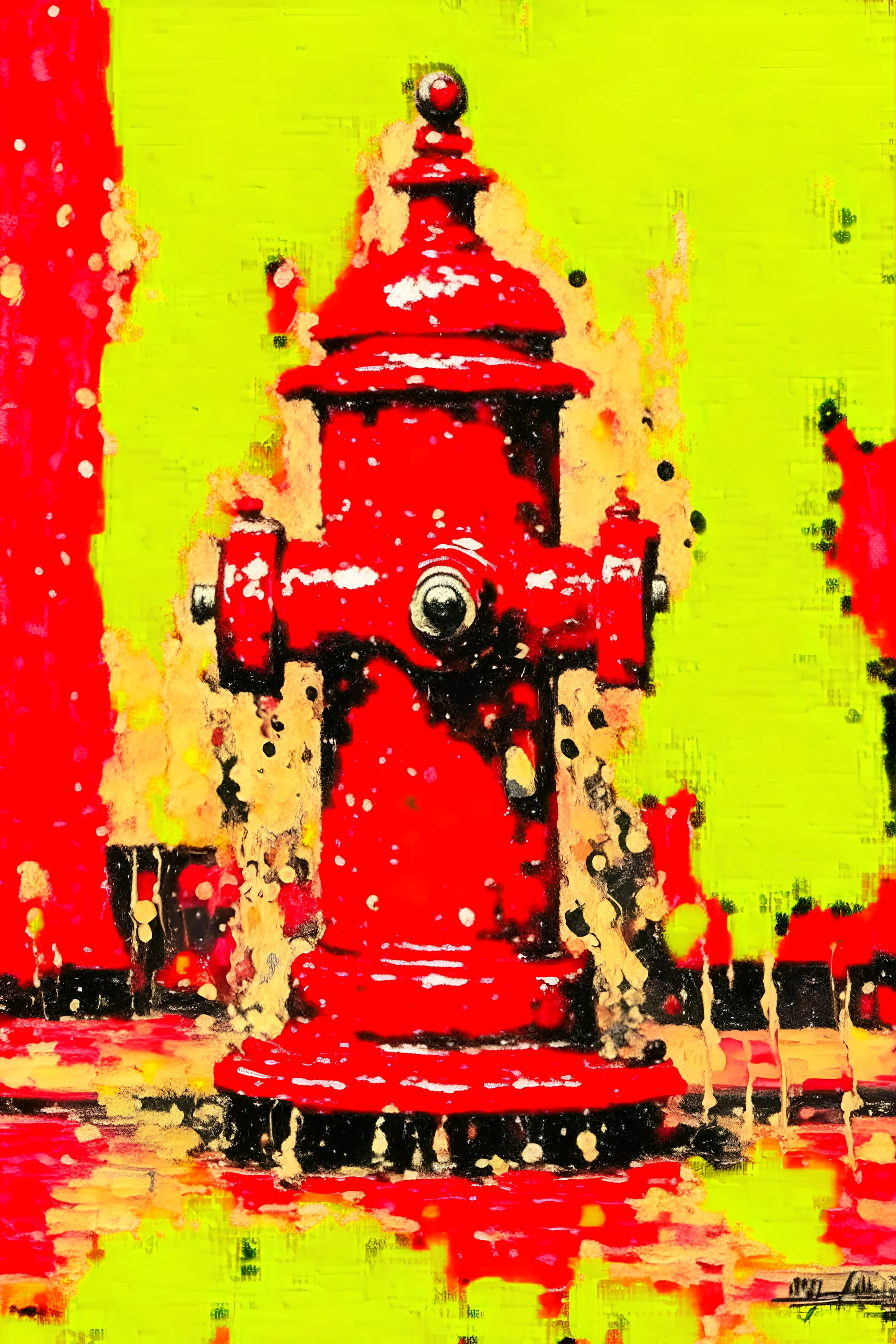 red firetruck, fire hydrant spraying water, abstract expressionist