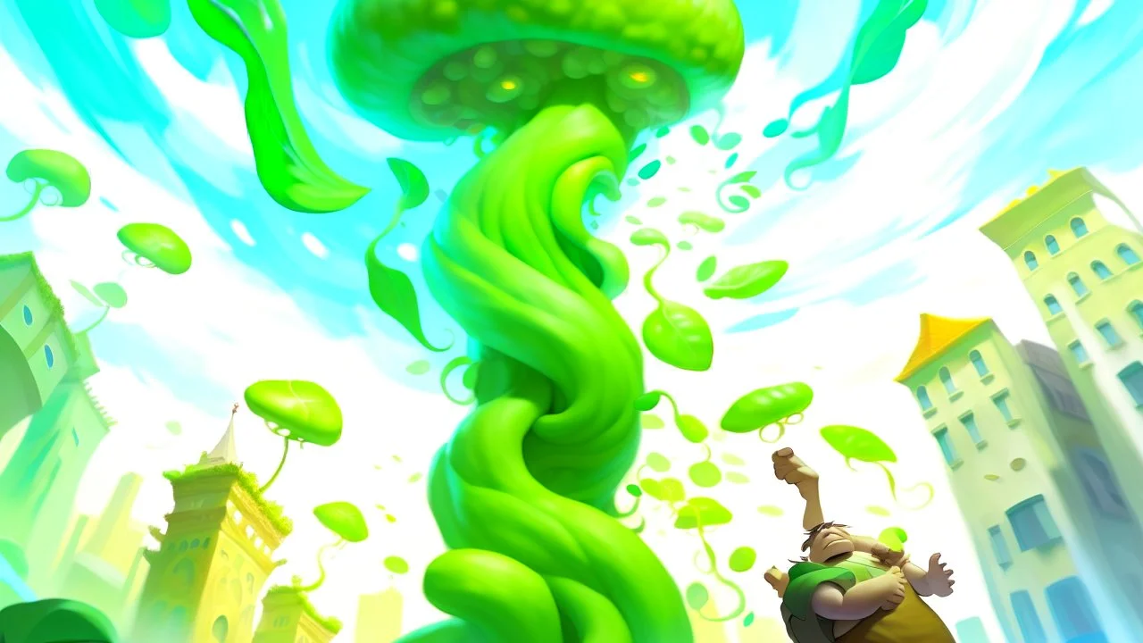 Fantasy digital illustration: evil colossal giant falling from the tall beanstalk from the sky