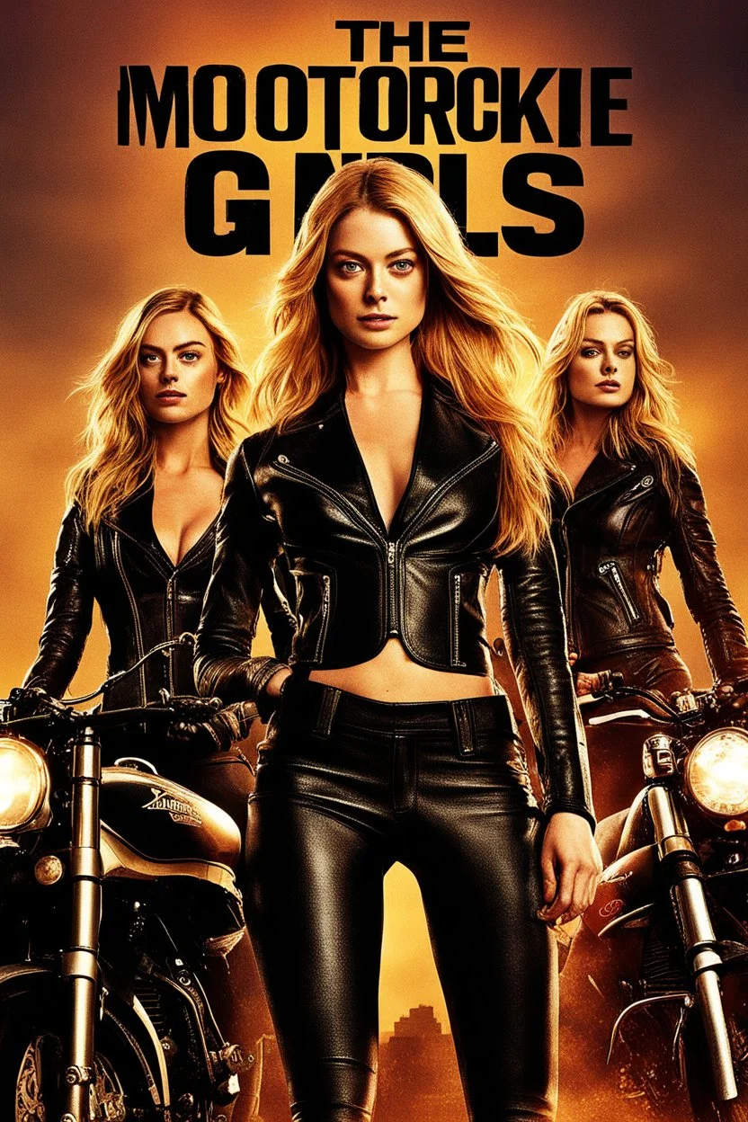 Poster for an action film called "The Motorbike Girls" starring Katherine McNamara, Margot Robbie and Georgia Henshaw wearing tight leather catsuits.