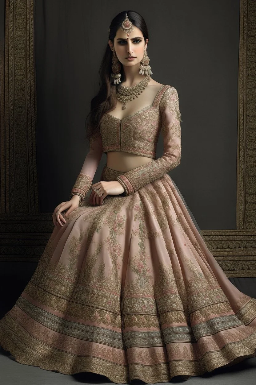 This lehenga is perfect for a wedding or other special occasion. It is made of a luxurious silk fabric and features a flared skirt and a fitted choli. The skirt is embellished with intricate embroidery and beadwork all over. The choli is also embellished with embroidery and beadwork at the neckline and cuffs.