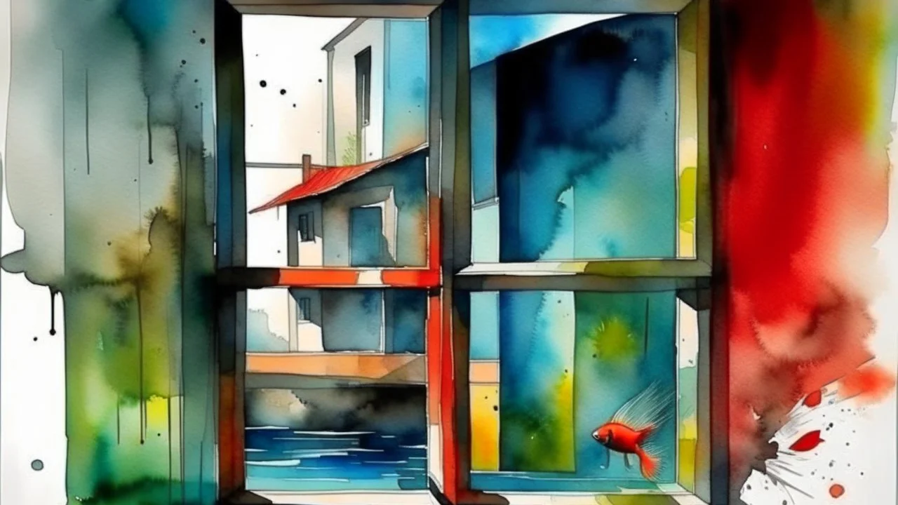 watercolor painting, Through the window, the brutalist architecture of the exterior mixes with the water of the interior aquarium, creating a play of colors and textures, creative, detailed brush stroke, minimal spalsh