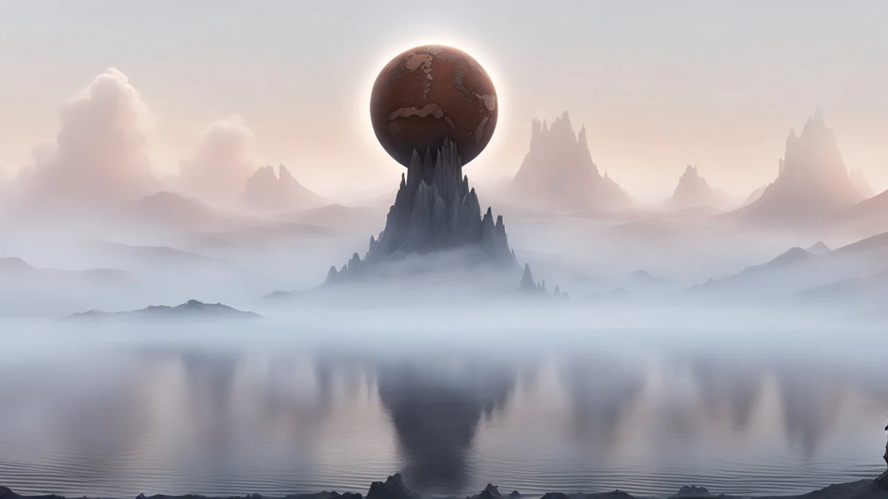 atop the tip top of a lonely mountain's peak, a big rocky clay planet is broken in half. The top of the mountain disappears into the sphere. foreground shrouded in mist. cinematic lighting, artstation, grim mood, looking up camera angle