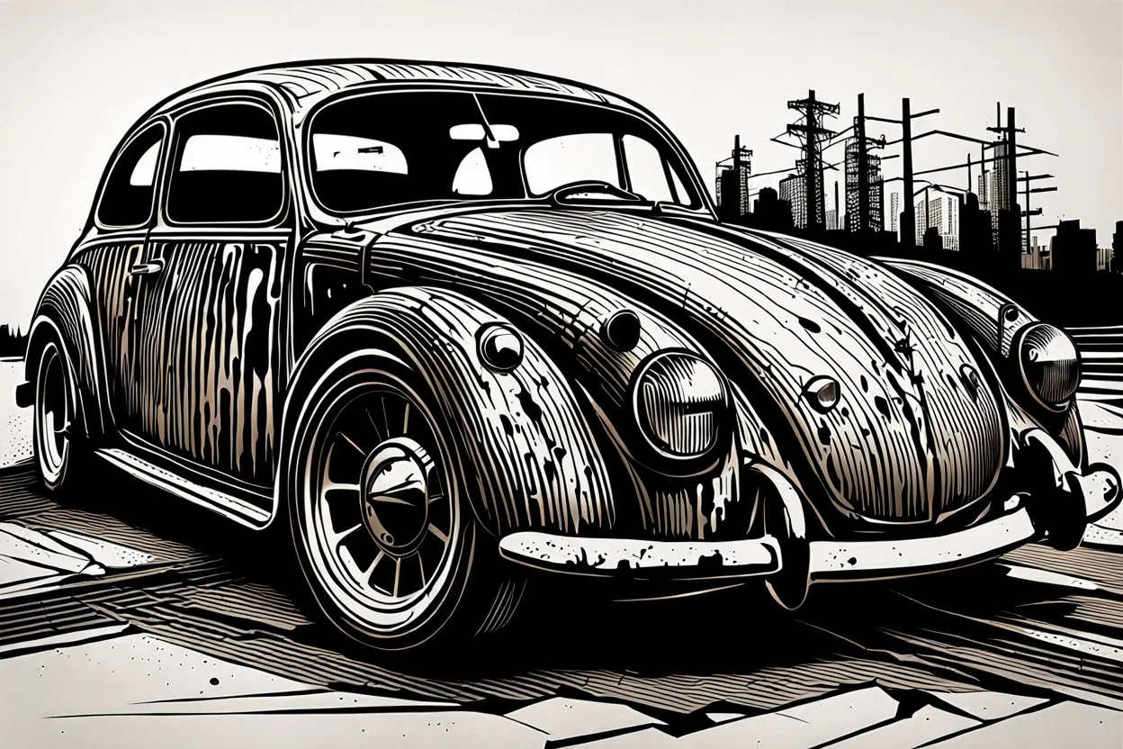 create an abstract, woodcut of battered and beaten Volkwagen beetle rat rod with highly detailed and deeply cut features, lost in a horrific post apocalyptic world, in the style of KATHE KOLLWITZ , searing lines and forceful strokes