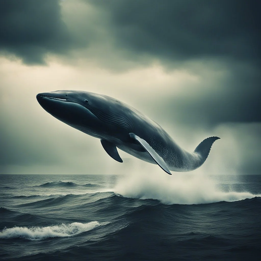 In the surreal realm of vintage photography, a haunting image emerges -a flying whale under steroids. Its colossal form defies gravity, soaring through the sky with unmatched power and grace. Muscles ripple beneath its iridescent skin, propelling it through the air with a thunderous roar. The eerie atmosphere is intensified by overcast lighting and stained surroundings. The shallow depth of field accentuates the unsettling mood, drawing the viewer into a world of mystery and unease.