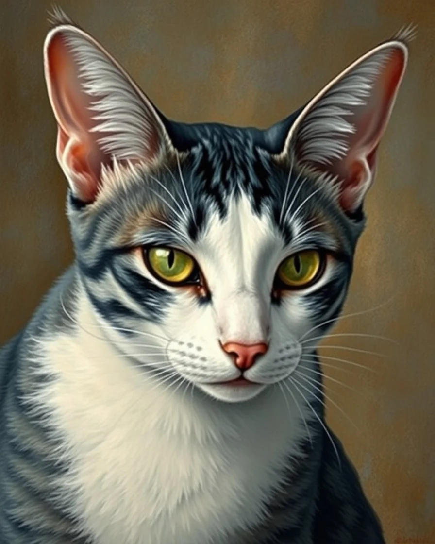 Detailed Surreal Portrait of Oriental blue and white tabby cat, with a triangular slender white face, large ears and green eyes by Gustav Klimt muted colors.