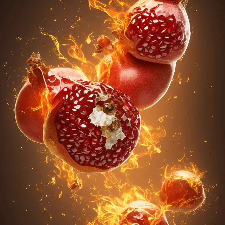 Pomegranate with fiery skin and sparkling diamond seeds, with full details, 8k, 16k