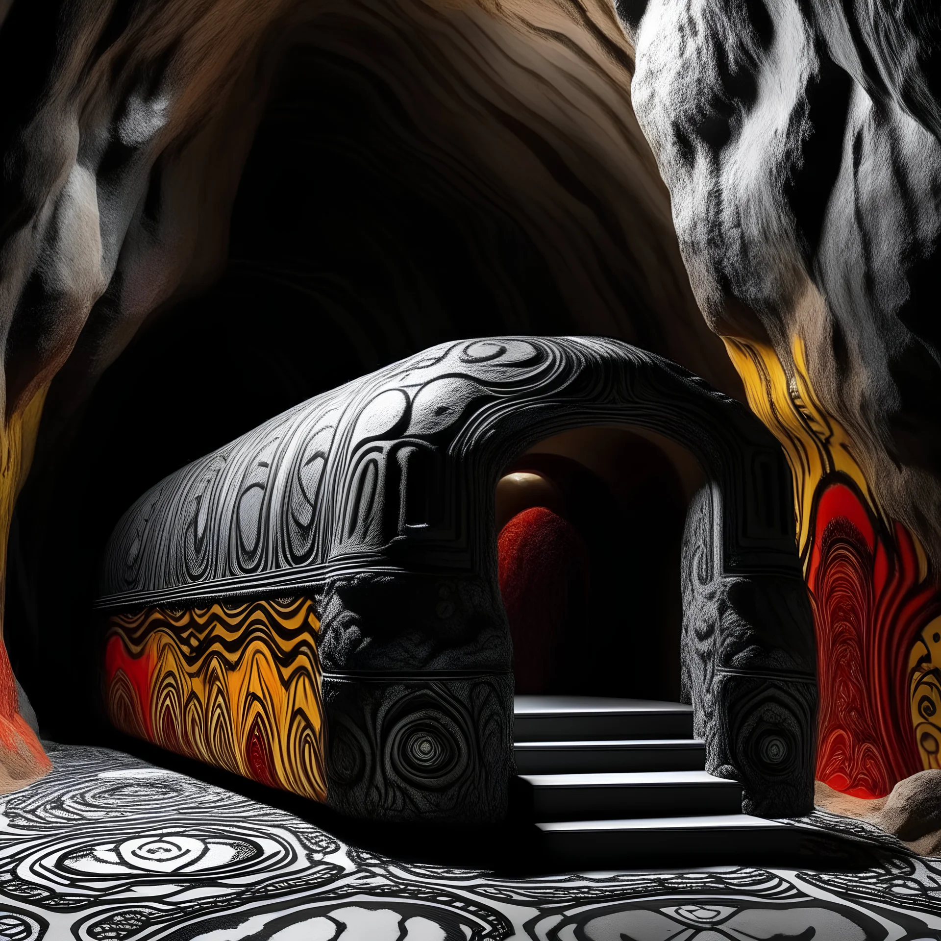 A gray train in a cavern filled with lava designed in Mehndi design painted by Stuart Davis