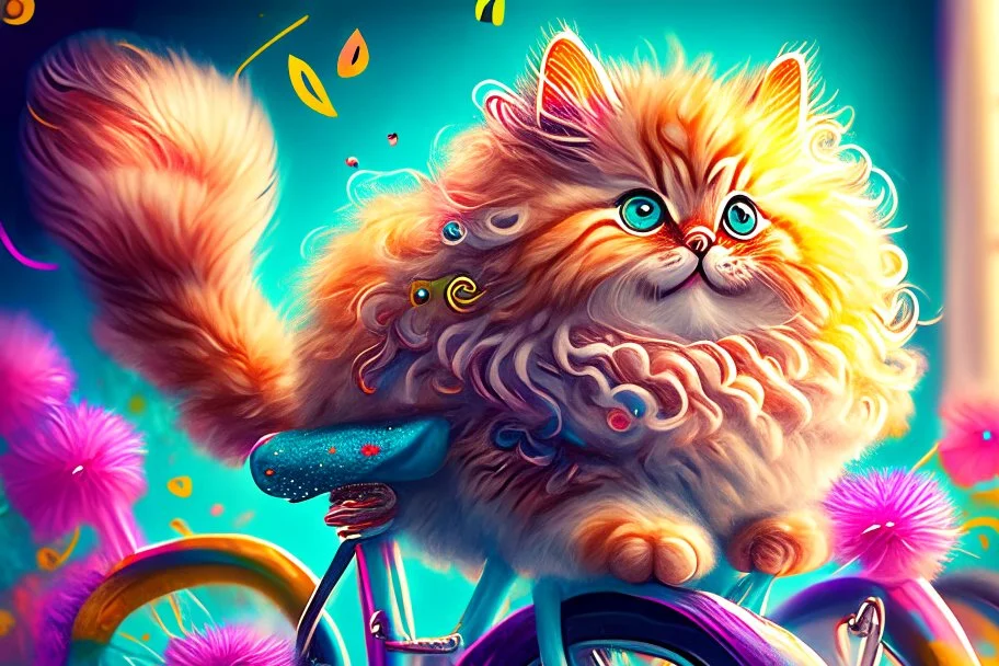 Fluffy tabby cat, adorable kitten, miniature bicycle, whimsical scene, playful concept, vibrant colors, detailed fur texture, charming expression, dynamic composition, cartoonish style, digital art, creative and imaginative, bright and lively palette, joyful atmosphere, skillful rendering, high resolution, skillful lighting to enhance cuteness.