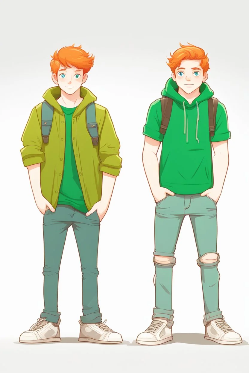 cartoon style, two teenage brothers, ginger hairs, one is slim, second chubby and lower, typical teenagers, white faces, green eyes, characteristic standing pose for book cover, white background