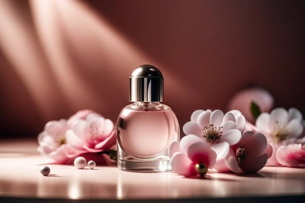 top shot of a perfume bottle on a pink table with flowers, gray spheres in the background, product photography in style of Kodak Portra — style raw — q 2 — s 250 — v 5.2 — ar 9:16