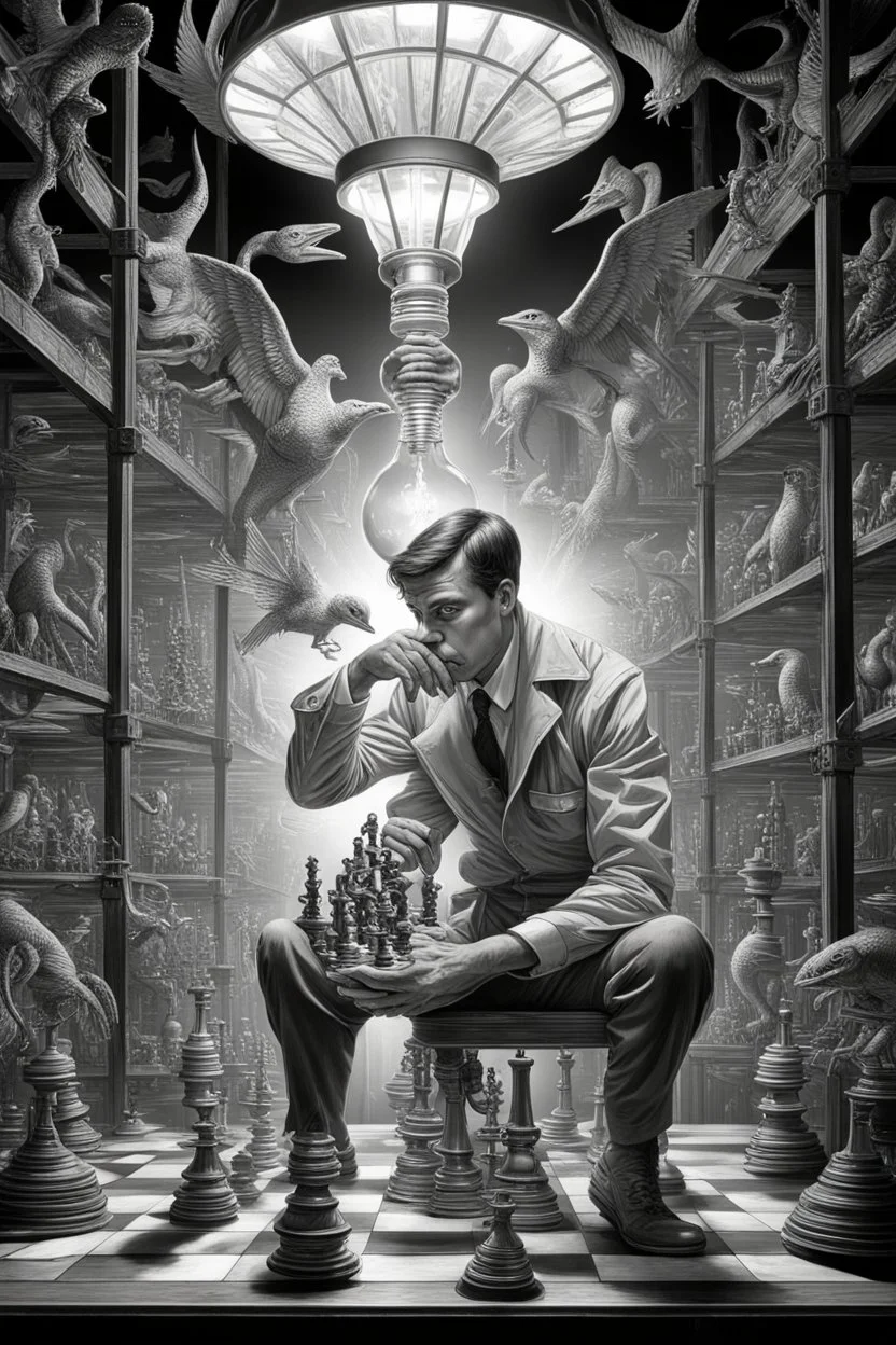 news muscle scientist journalist harlequin playing burning chess geese dinosaur reptiles in very bright light bulb factory on the docks with twisted ladders with the most a confused look on his face in front of a huge glass prism clock with angels, in the style of Escher and Giger