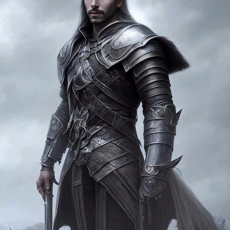 a man in armor standing in front of a cloudy sky, male drow, beautiful male drow, wearing leather assassin armor, intricate assasin armor, concept art futuristic norse, technomancer, sharp edged black armor, gothic armor, dark fantasy character design, hyperdetailed fantasy character, dark leather armor, leather scifi armor, black leather armor