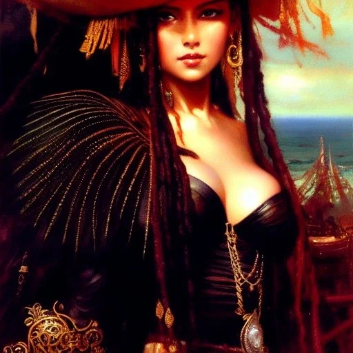 Drawing of beautiful face busty female pirate,Black pearl,sea,ancient leather armor, balanciaga fashion clothe painting by gaston bussiere, greg rutkowski, yoji shinkawa, yoshitaka amano, tsutomu nihei, donato giancola, tim hildebrandt, oil on canvas, cinematic composition, extreme detail,fit full head inside picture,16k