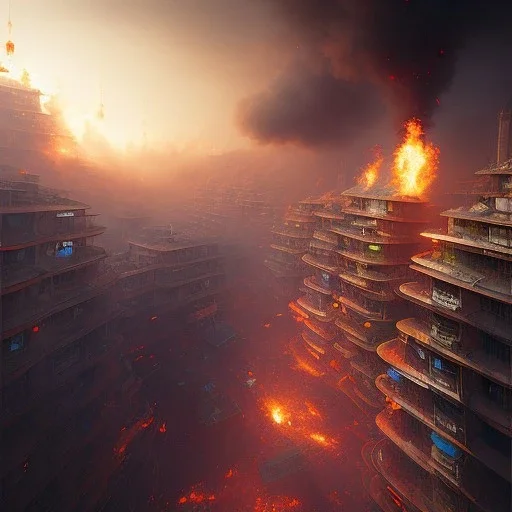 Favela, burning, explosion, resolution concept art by Greg Rutkowski