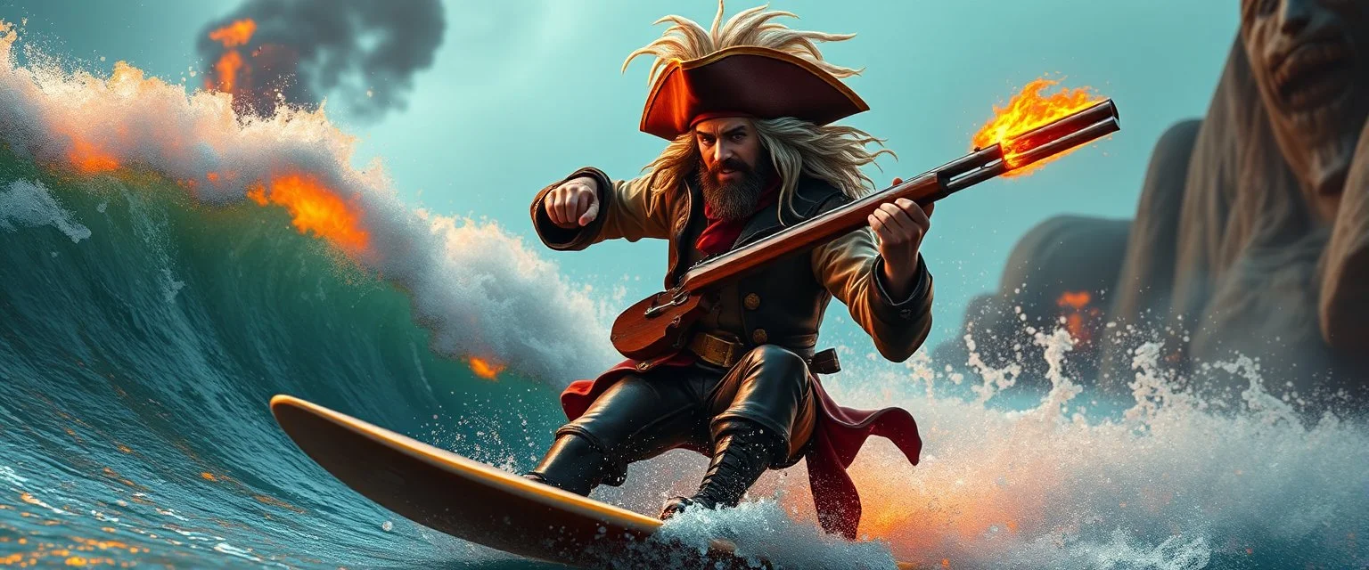 pirate shotgun mozart playing with his wig, looking hot and crazy on a surfboard on a big wave, through fire storm and stone, in water slide in fun park