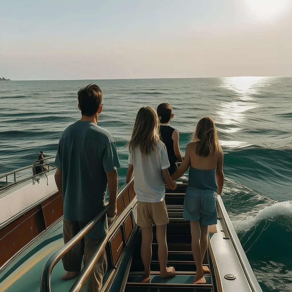 A family traveling on a boat watching the ocean