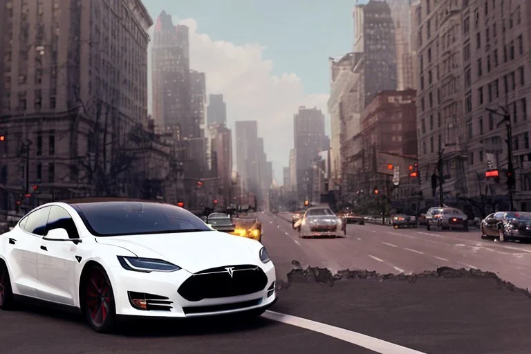 A Tesla 'Model S' is racing at top speed, near the Flatiron Building in Manhattan. (CINEMATIC, WIDE ANGLE LENS, PHOTO REAL)