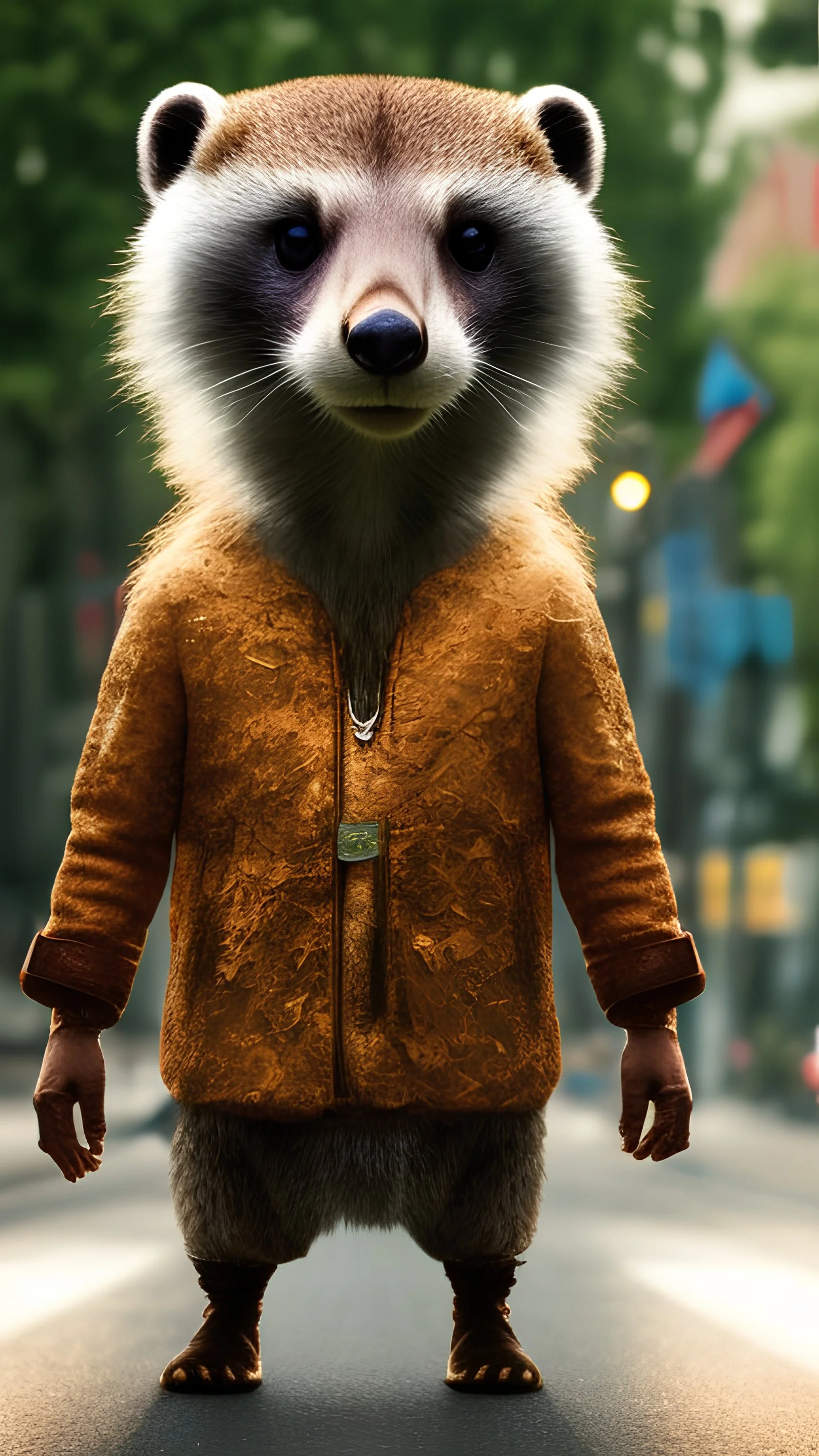 full body portrait of a Superhero Meerkatman, Walking Down The Street, Serius, Mask, Head Man Mouth And Nose Hyper Realistic Armor Intricate Detail , 4k