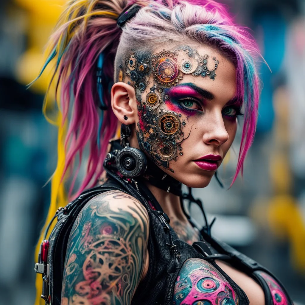 stunningly beautiful cyberpunk bio mechanical girl, white background ,paint splashes, full vibrant colours, half body picture, photo realistic, heavily tattooed, tattoo art , cyberpunk, acrylic, high contrast, stunning eyes, street art, acrylic, high contrast, colourful polychromatic, ultra detailed, ultra quality, -- stunning realism, Professional photography, bokeh, natural lighting, canon lens, shot on dslr 64 megapixels sharp focus