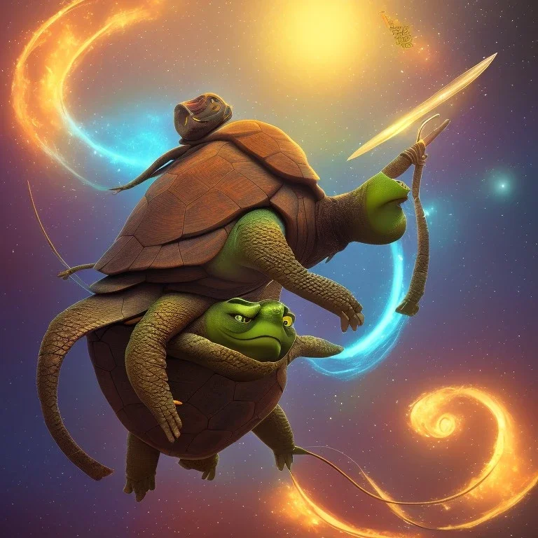 Digital art of a turtle holding a wooden rod, style = Turtle from ''Kung Fu Panda'' , background galaxy, medium shot