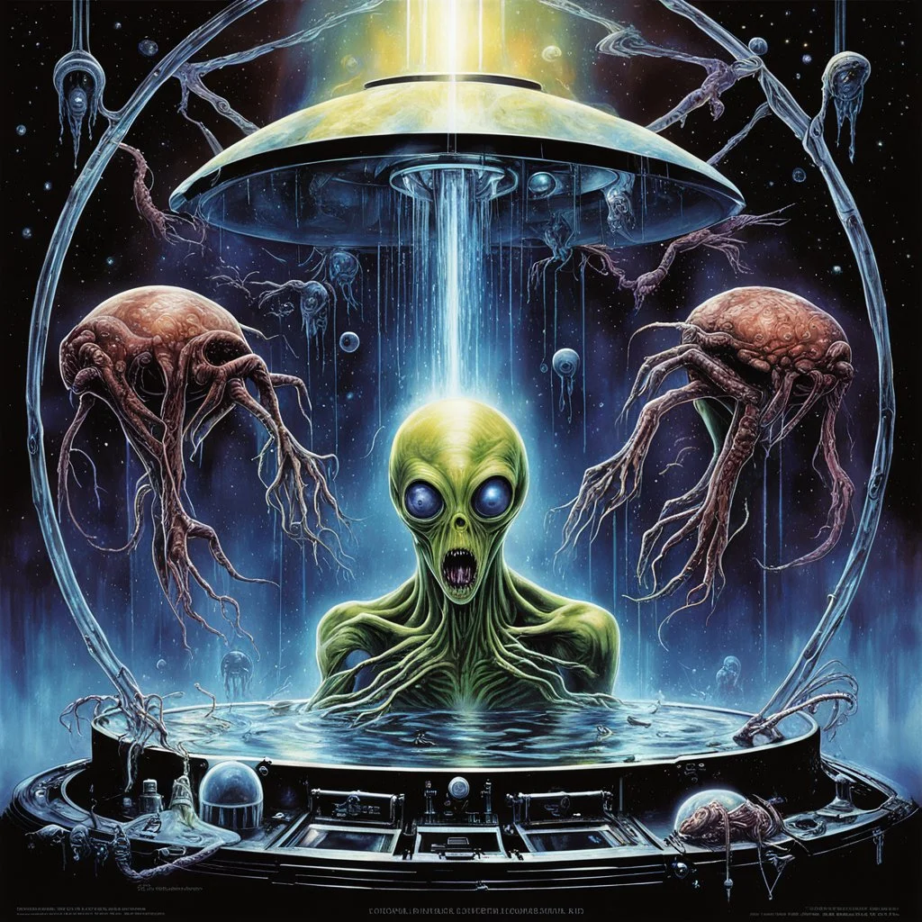 Modern movie poster art by Drew Struzan, surreal composition for sci-fi hooror movie "ABANDONDED LAB", dark colors, alien creatures suspended viscous liquid in cryogenic chambers, digital art, weirdcore, art from beyond, dramatic, poster art masterpiece!, by Terry Oakes