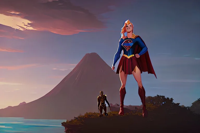 Supergirl fighting King Kong in a Pacific island with a volcano.