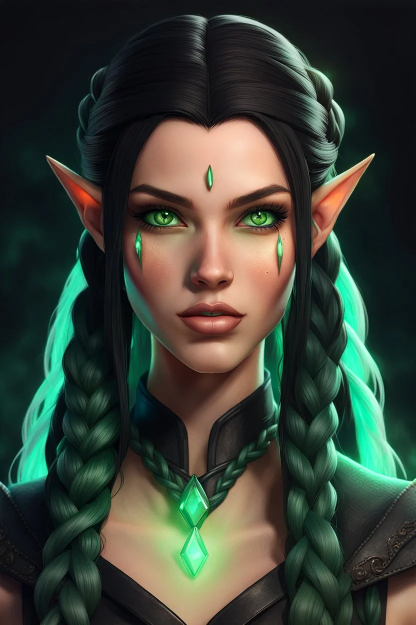 Young beautiful female Hexblood warlock character. Lightly tanned skin. Long straight jet-black hair to the waist. Half-up hairstyle with two loose Dutch braids on each side. Bright glowing pale emerald-green eyes. Delicate face. High cheekbones. Full lips. Soft smile. Slightly pointed ears. Faint dark vine-like markings on neck and collarbone. Realistic dark fantasy. Highly detailed. Cinematic lighting.
