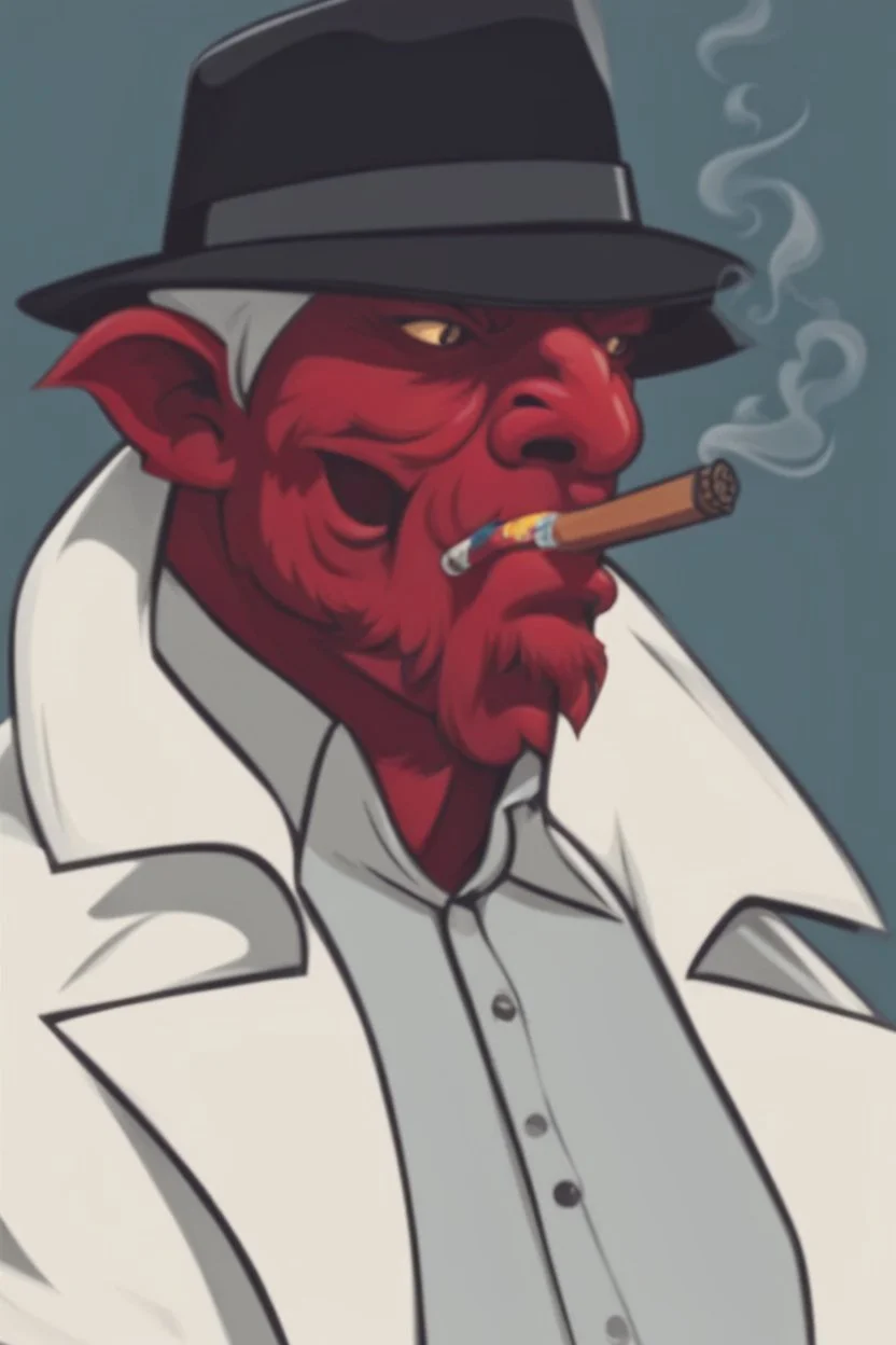 A red demon wearing a police outfit smoking a cigerate.