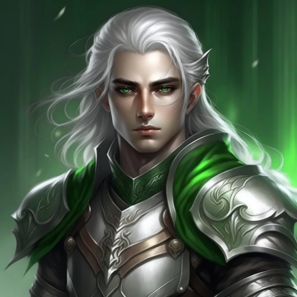 Please create an image for a young elven male with light brown skin, silver hair, and green eyes. He is wearing leather armor