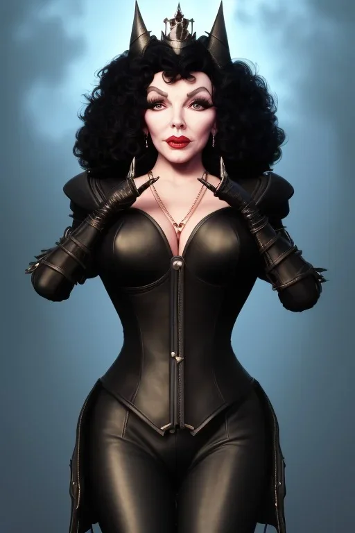 Joan Collins as evil queen in black leather, leather, busty, cleavage, angry, stern look. character design by cory loftis, fenghua zhong, ryohei hase, ismail inceoglu and ruan jia. unreal engine 5, artistic lighting, highly detailed, photorealistic, fantasy