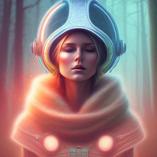 spray painting fantasy art, portrait blonde with light helmet in mummy sweater, standing in portal to forest world from desert world,poetry book illustration