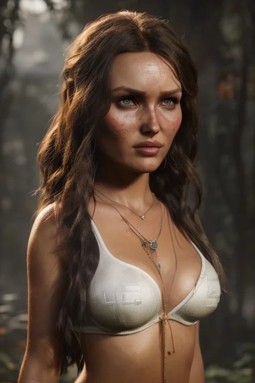 Camilla luddington face, big busty, texture skin,Crystal yellow eyes, long white hair, wearing The Lara Croft, realistic, 4k, intricate, best quality, fog particles, fire particles, octane render, vray, sword fire