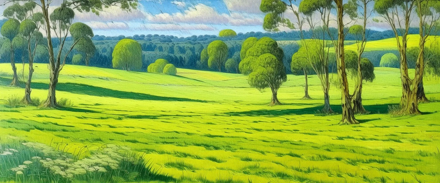 A green grassland near a clearing designed in Navajo woven art painted by Alfred Sisley