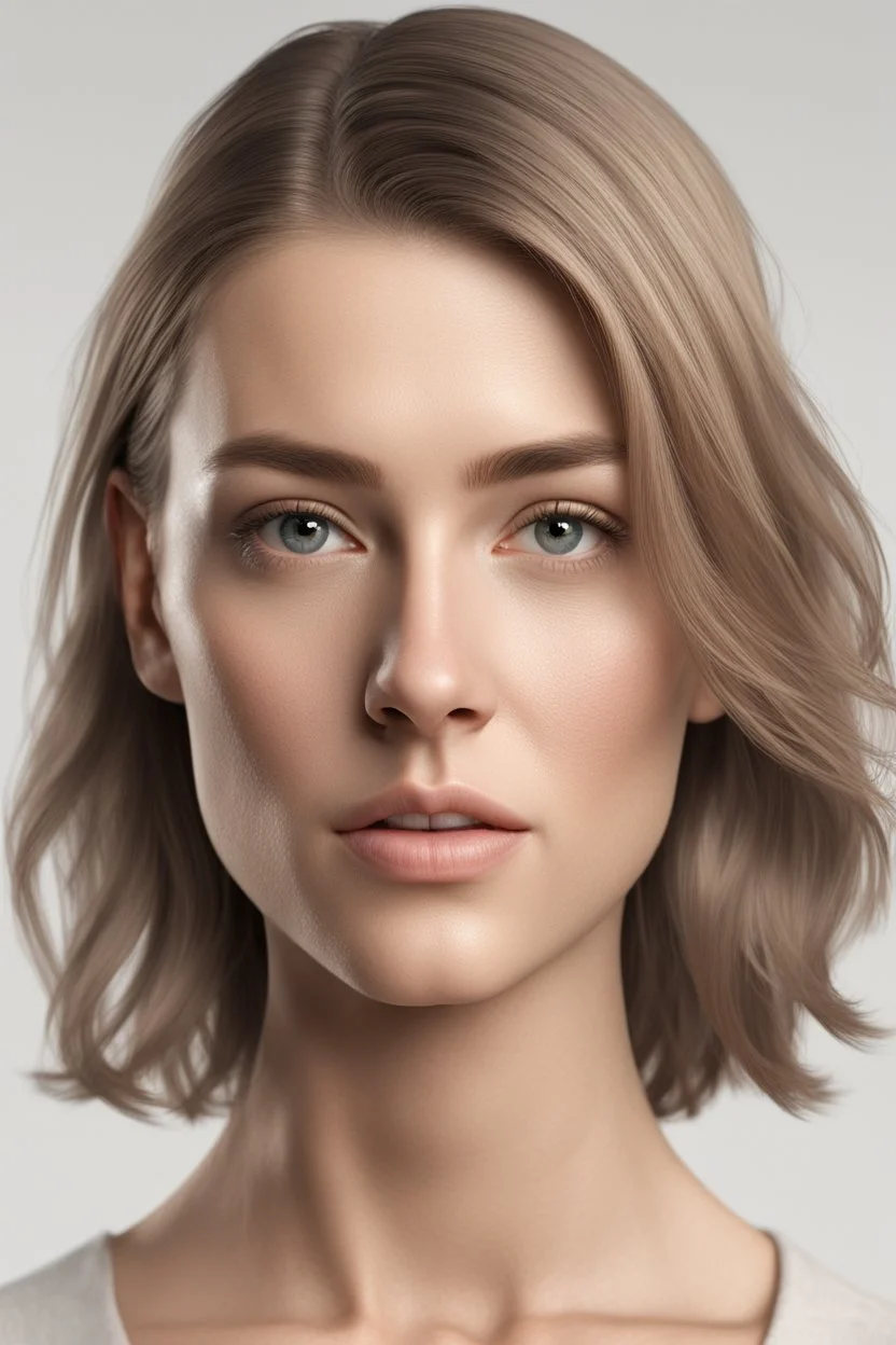 realistic, (29yr old female)without makeup, Caucasian beautiful face, 3/4 head position, dark hair, studio lighting, cinematic light, beautiful woman, milk beige middle hair, perfect anatomy, on white background, 8k Resolution, highly detailed, non-symmetrical body a, detailed hairstyles and skin texture