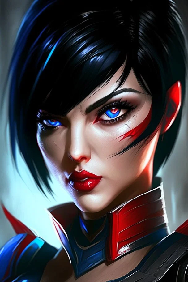 Fiora in kombat, blue eyes, short black hair, black and red details, league of legends